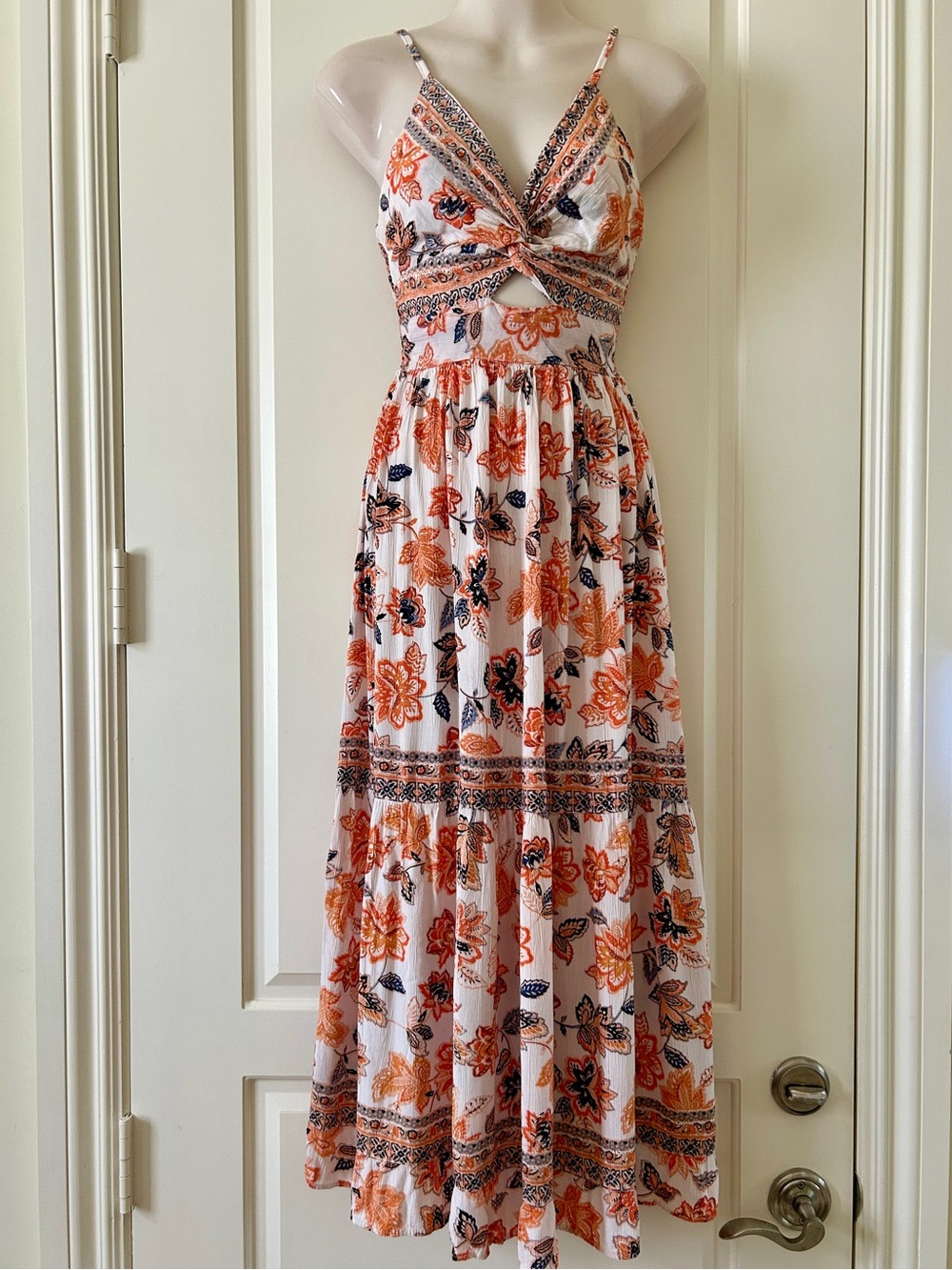 ANGIE Beautiful Bohemian White, Orange And Blue Twist Front Maxi Dress, M, New